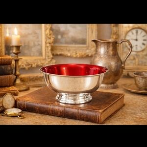 MCM Vintage Reed & Barton Red Enamel Silver Plated Pedestal 4.5 inch Bowl